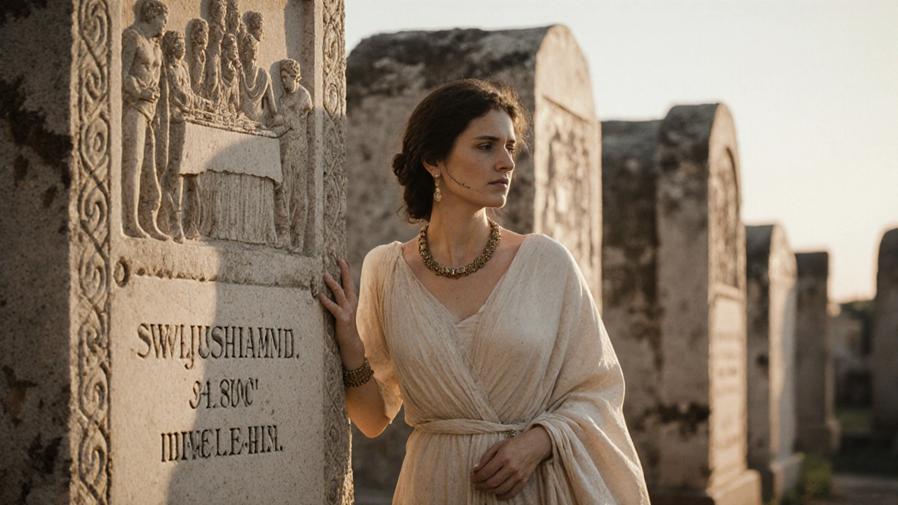 An Etruscan woman standing beside her inscribed tombstone, symbolizing her legal inheritance and social equality.