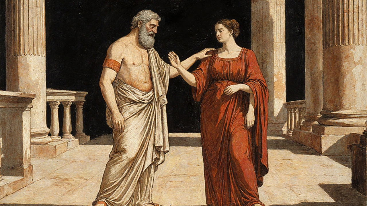 An older man mentoring a youthful athlete in a classical Greek gymnasium setting.