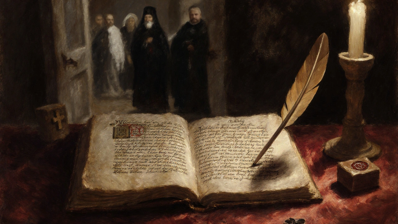 An open manuscript of &#039;The Choise of Valentines&#039; rests beside a wooden dildo and candlelight.