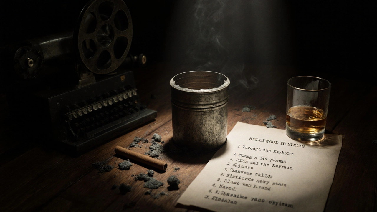 An unmarked metal film canister beside a vintage projector and typed titles on a wooden table.