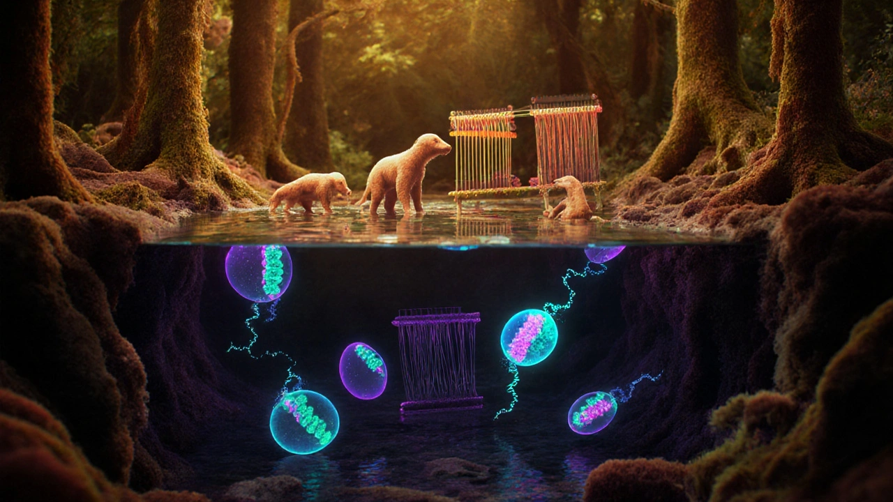 Ancient cells evolving from asexual division to sexual reproduction with DNA exchange and repair enzymes.