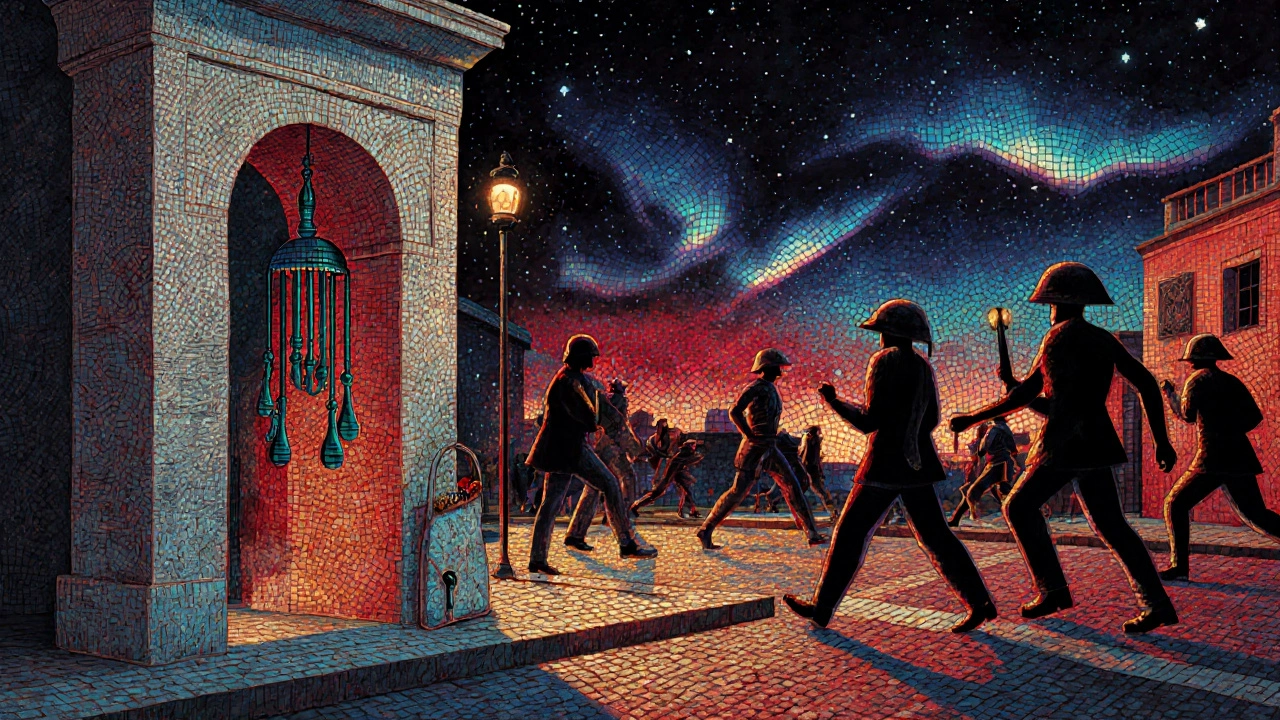 Ancient Roman crossroads with phallic charms, wind chimes, and soldier’s amulet under twilight.