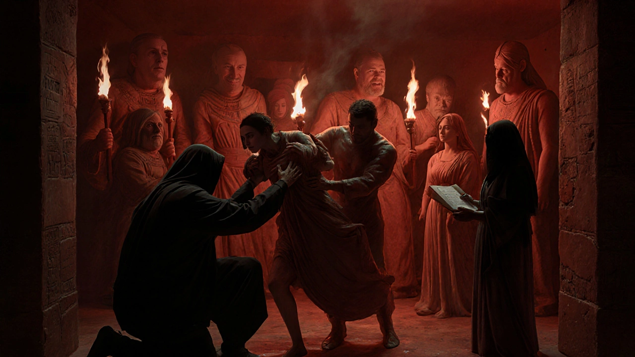 Assyrian courtroom scene showing a rapist&#039;s wife being dragged as victim stands silently in corner.