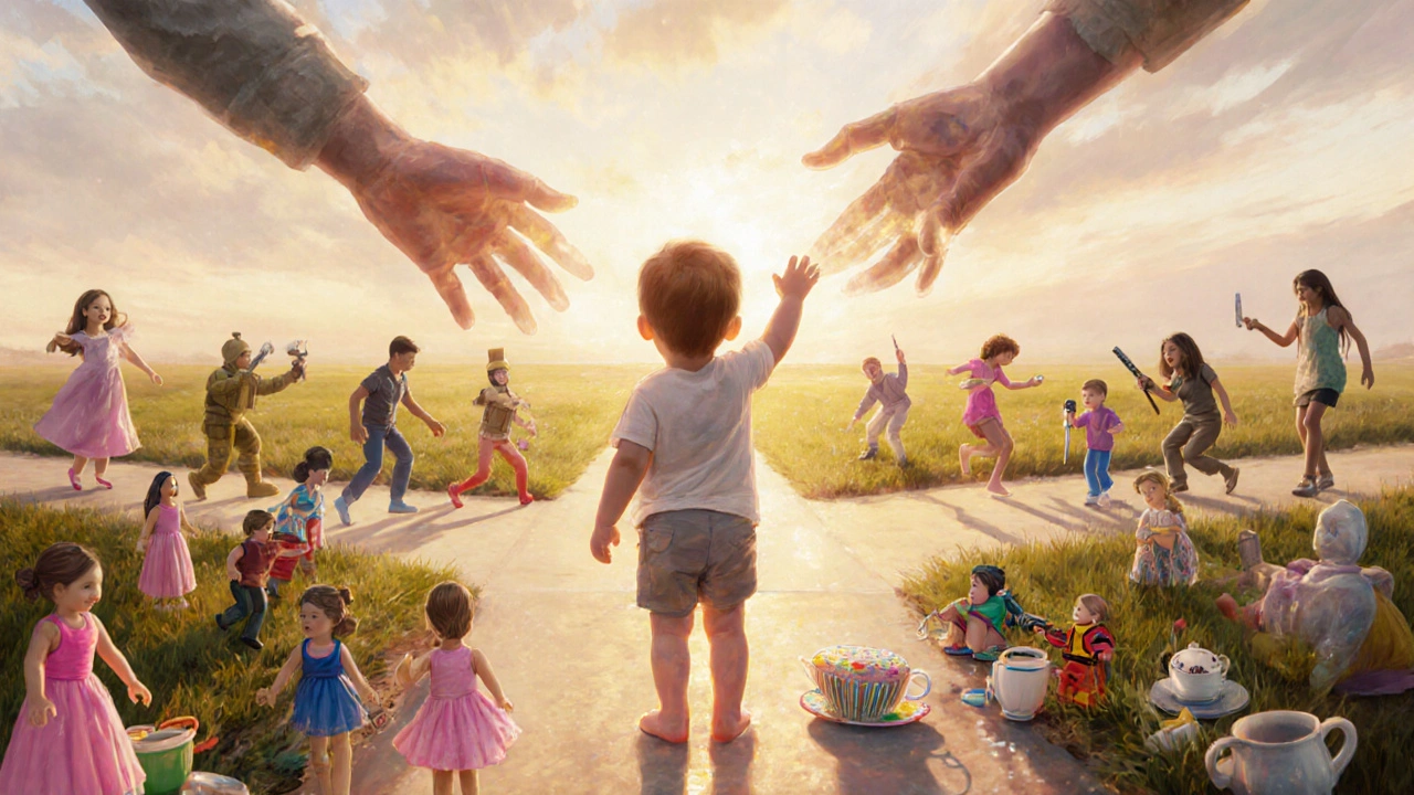 Child at a crossroads choosing between gendered stereotypes and open possibilities.