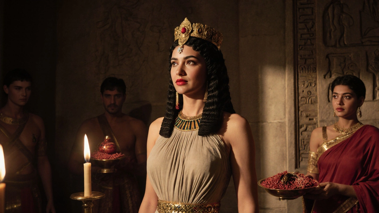 Cleopatra VII in royal attire, her crimson lips glowing as she speaks to Roman visitors in a torchlit hall.