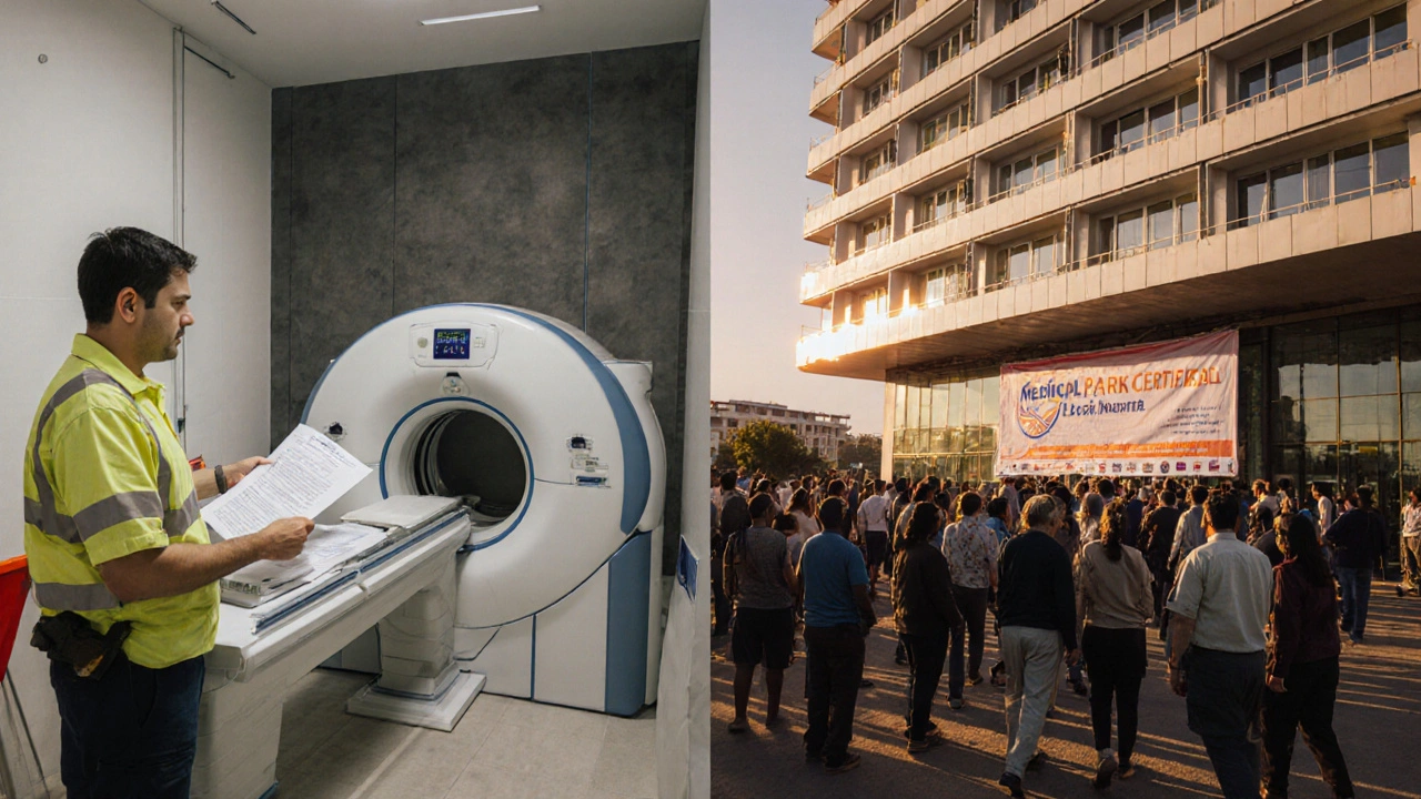 Contrast between a small clinic under renovation and a large certified hospital, showing differing impacts of Turkey&#039;s new medical tourism regulations.