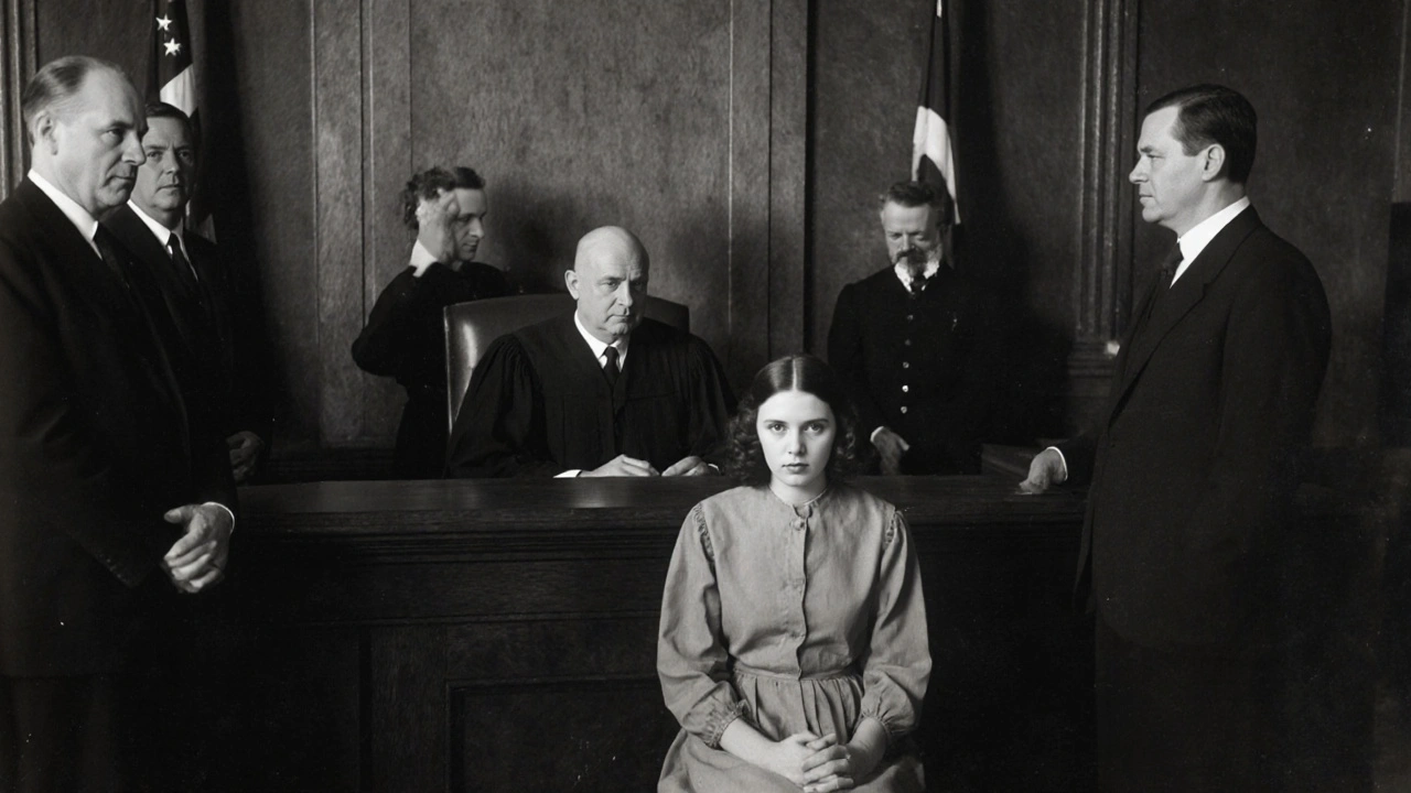 Courtroom scene with Carrie Buck seated quietly as Justice Holmes presides during the 1927 sterilization case.