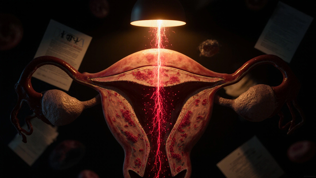 Cross-section of a uterus showing bacteria being drawn by a faulty IUD string, with inflamed tissue.