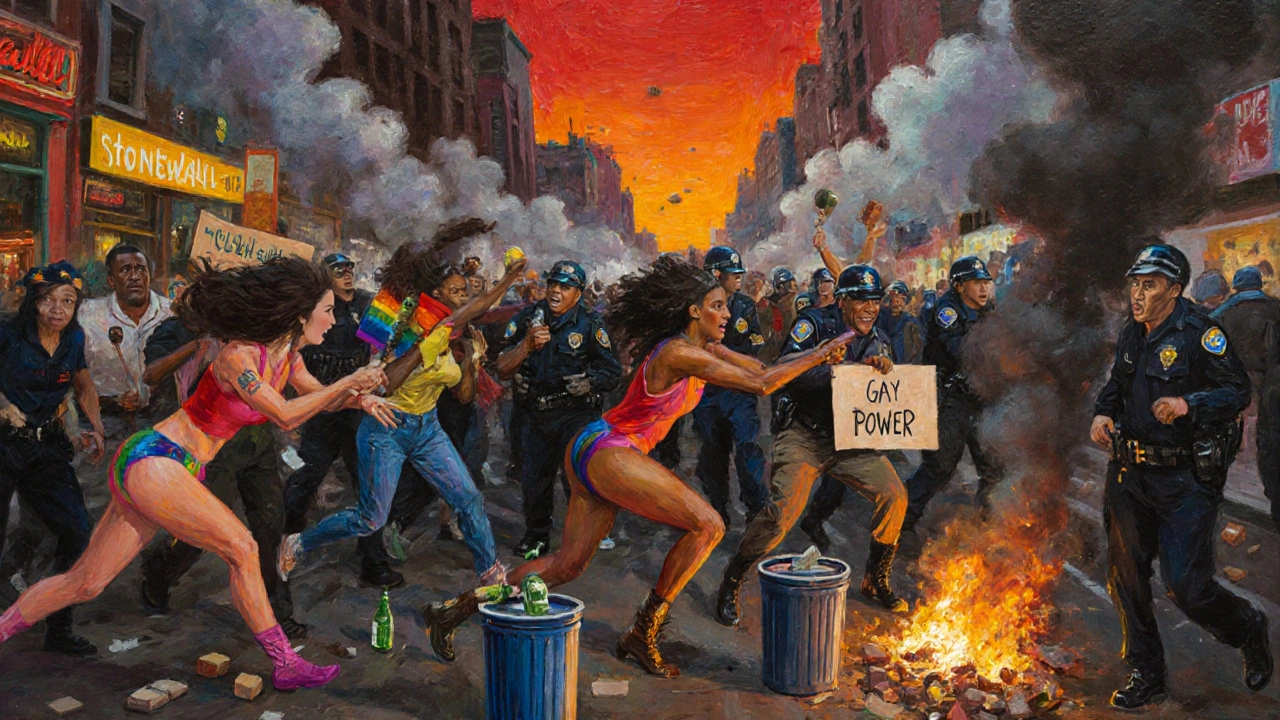 Crowd of LGBTQ+ activists fighting back during the Stonewall uprising at night.