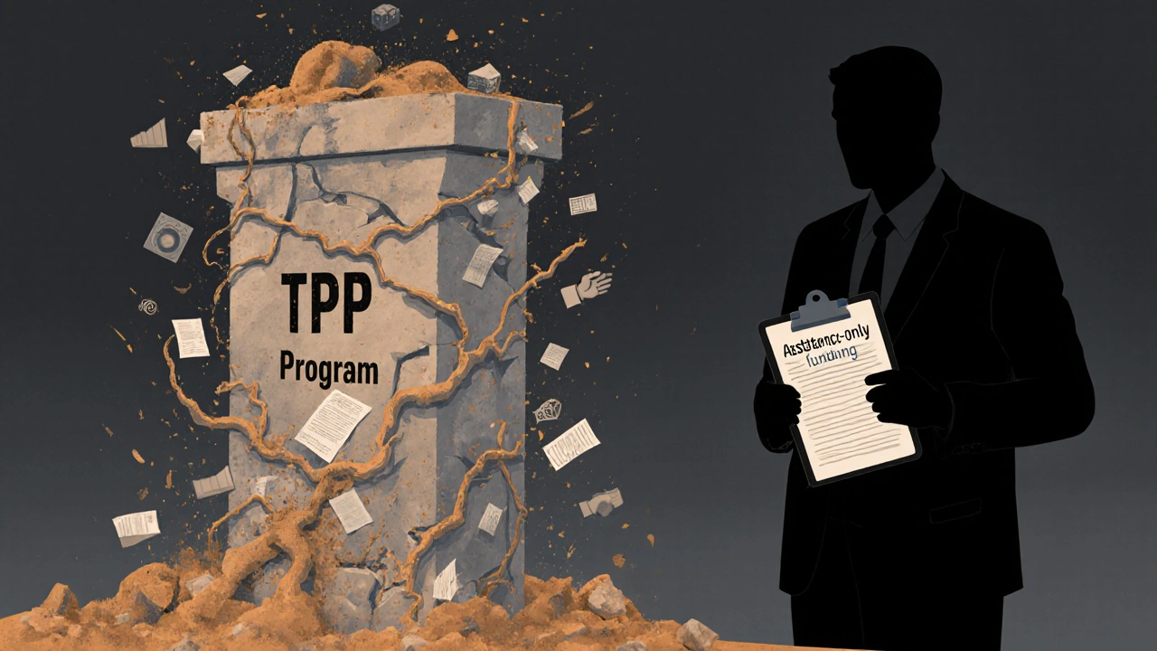 Crumbling TPP program pillar with research data disintegrating as ideology looms in shadow.