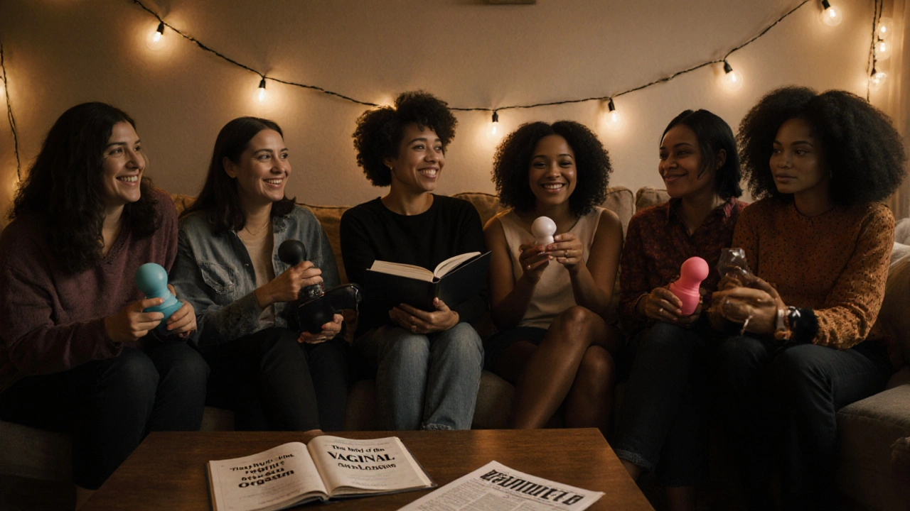 Diverse women in intimate setting exploring pleasure, with feminist essay open on table