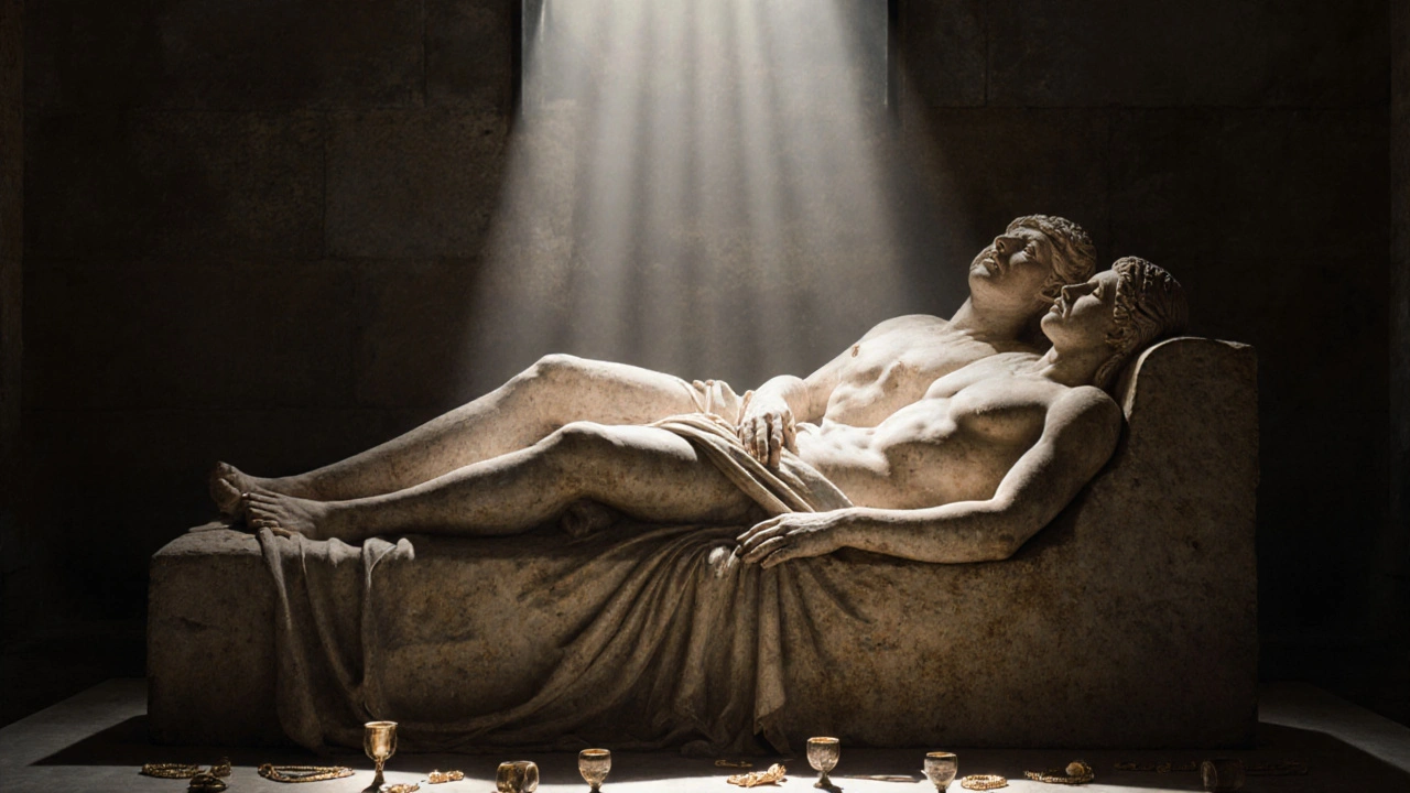 Etruscan couple lying together on a sarcophagus, touching intimately under a thin blanket, with ritual objects nearby.