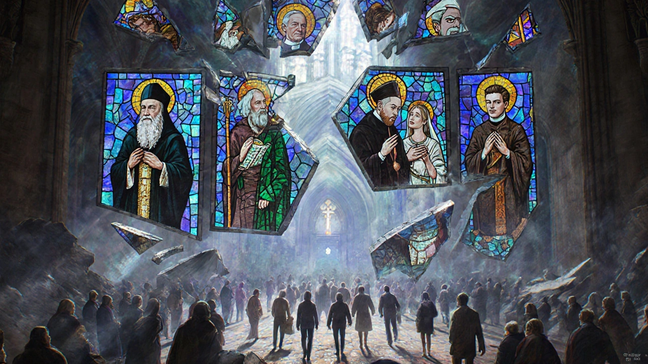 Floating stained-glass shards showing diverse views on sexuality, breaking away from a crumbling cathedral.