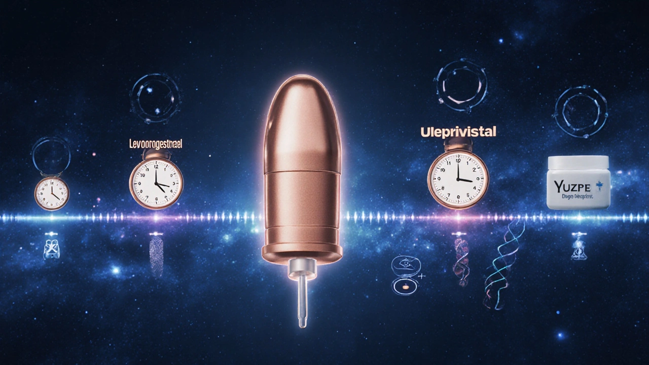 Four emergency contraception methods depicted in a scientific timeline with clocks and medical symbols.