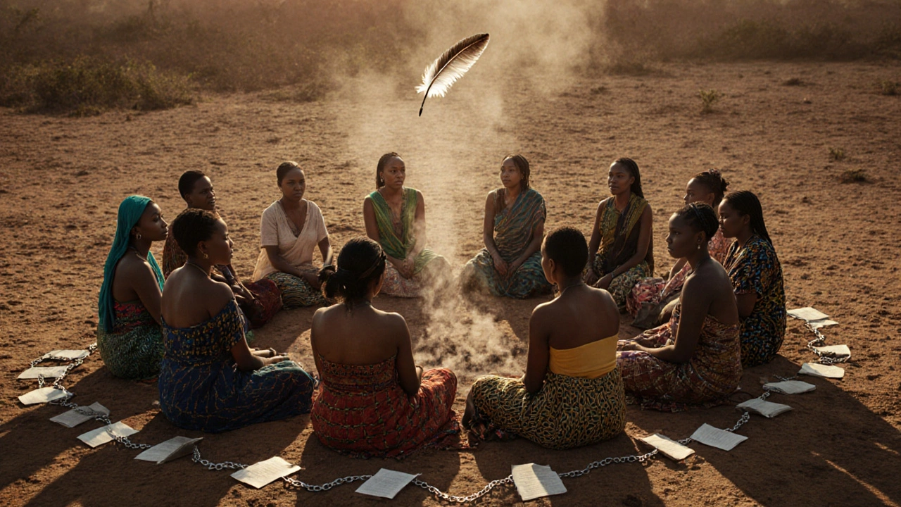 Fourteen women sit in silent unity on the earth, invisible legal structures crumbling around them as a single feather floats upward.