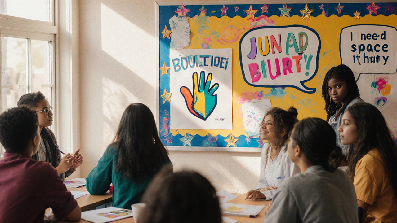 High school students creating posters about personal boundaries in an art class.