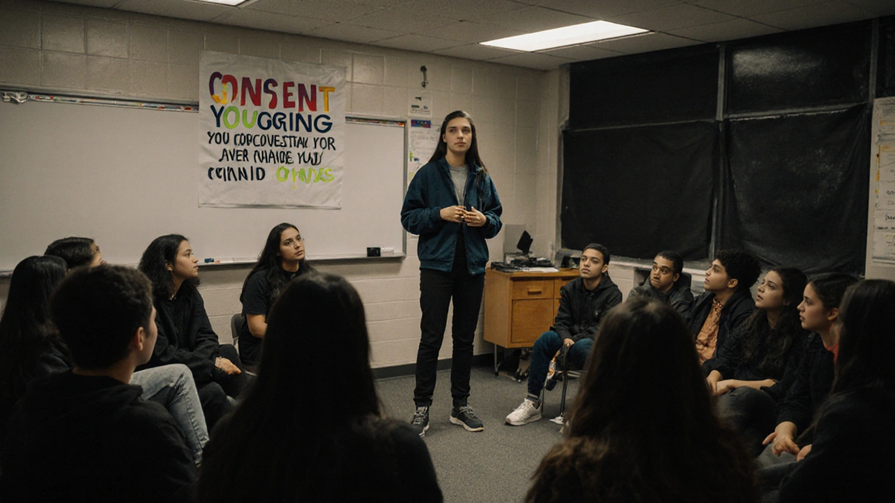 High school students engage in a circle discussion about consent and bystander support.