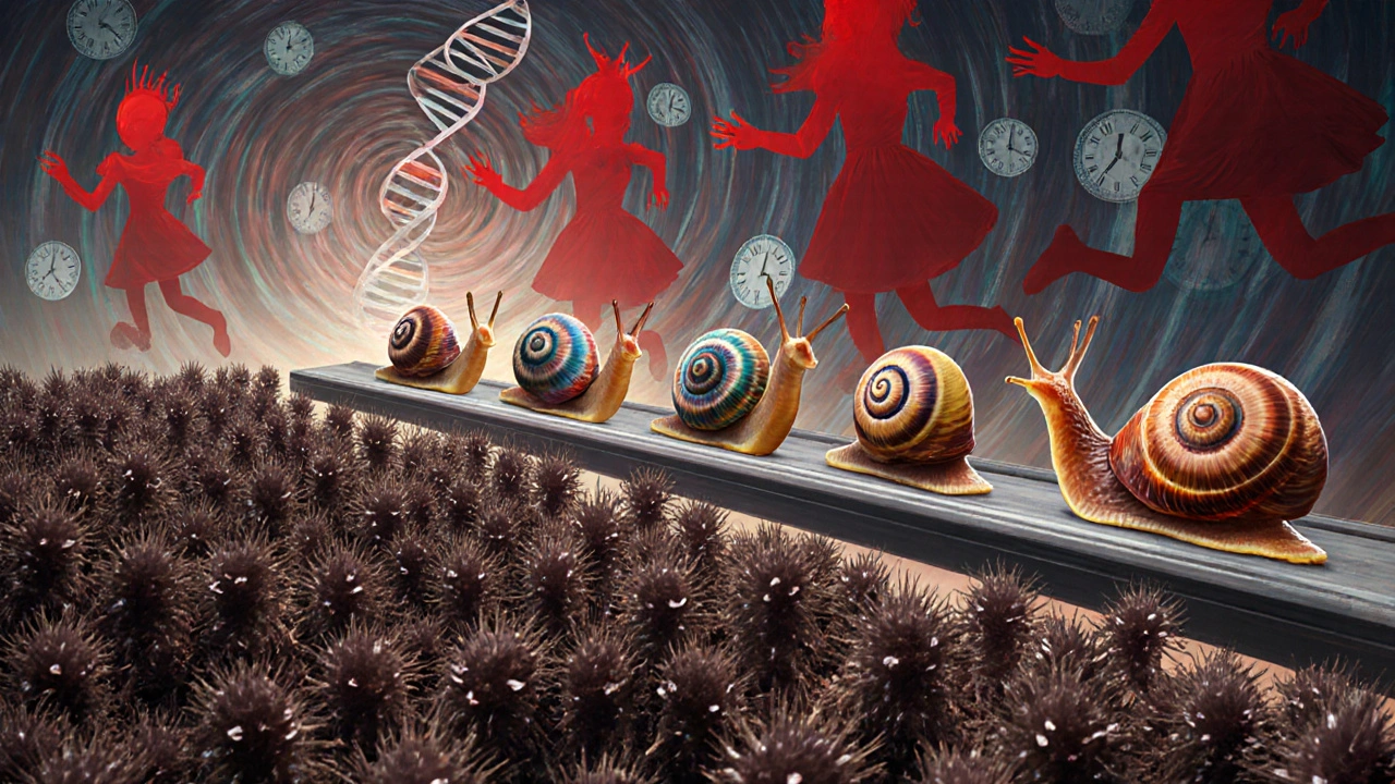 Identical snails overrun by parasites while diverse snails sprint on a genetic treadmill with DNA vortex.