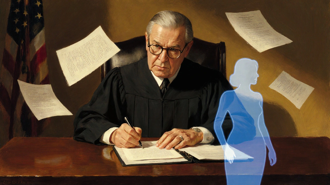 Justice Blackmun writing the Roe v. Wade ruling, with a woman and fetal silhouette merging in golden light.