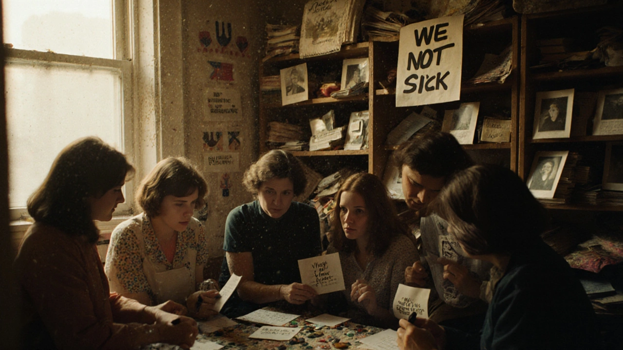 Lesbian activists in a 1970s Brooklyn apartment preserving personal items like letters, photos, and quilts in their own archive.