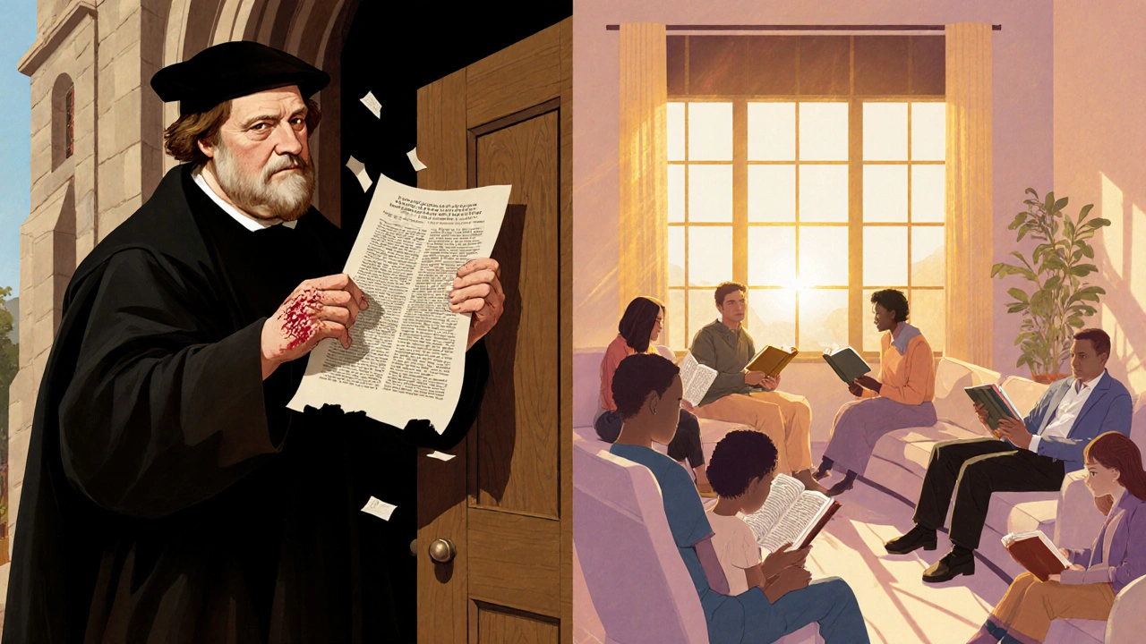 Martin Luther posting theses on church door, contrasted with modern people reading Bibles at home.