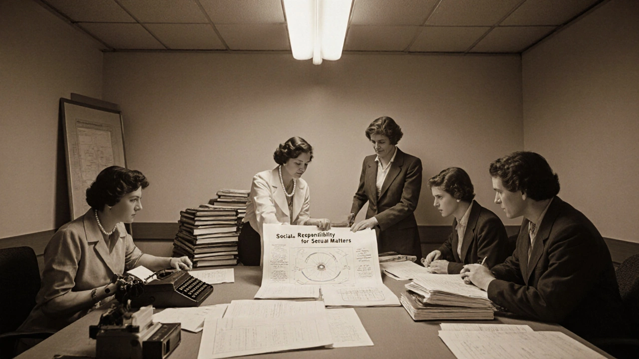 Medical and education professionals reviewing the five AMA sex education pamphlets in a 1950s conference room.