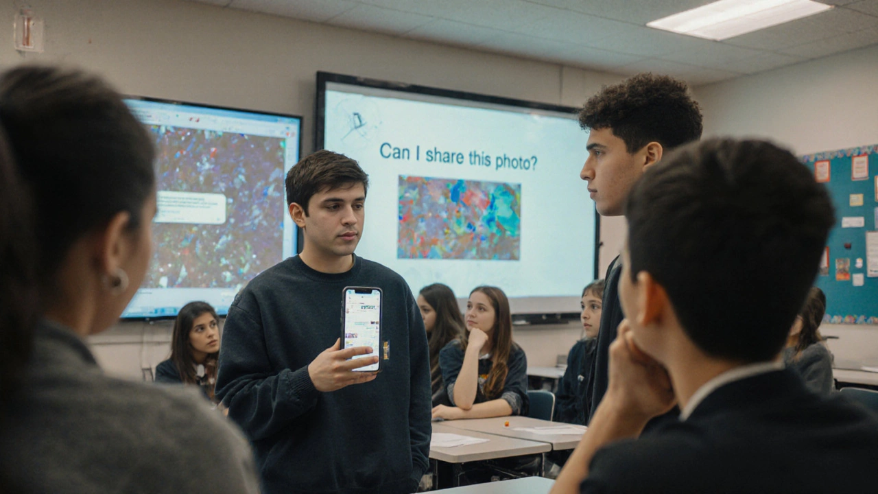 Middle school students discuss digital consent with a phone in hand, peers watching closely.