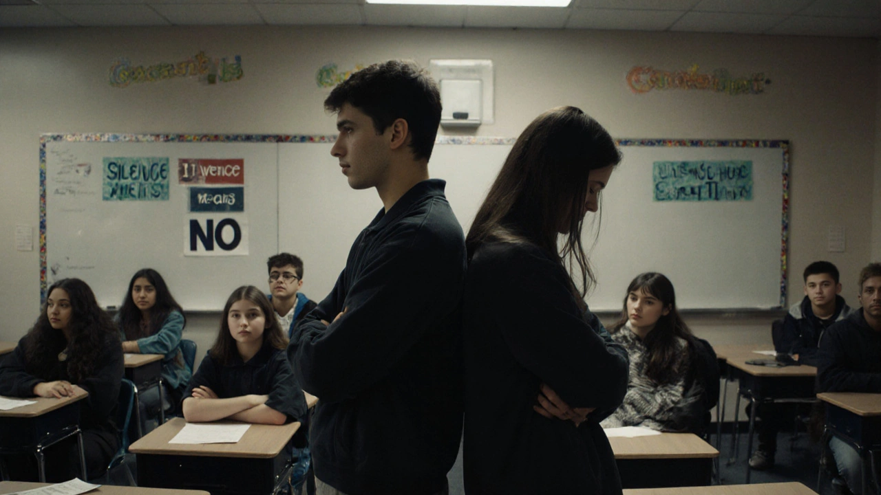 Middle school students role-playing consent, one hesitating with crossed arms.