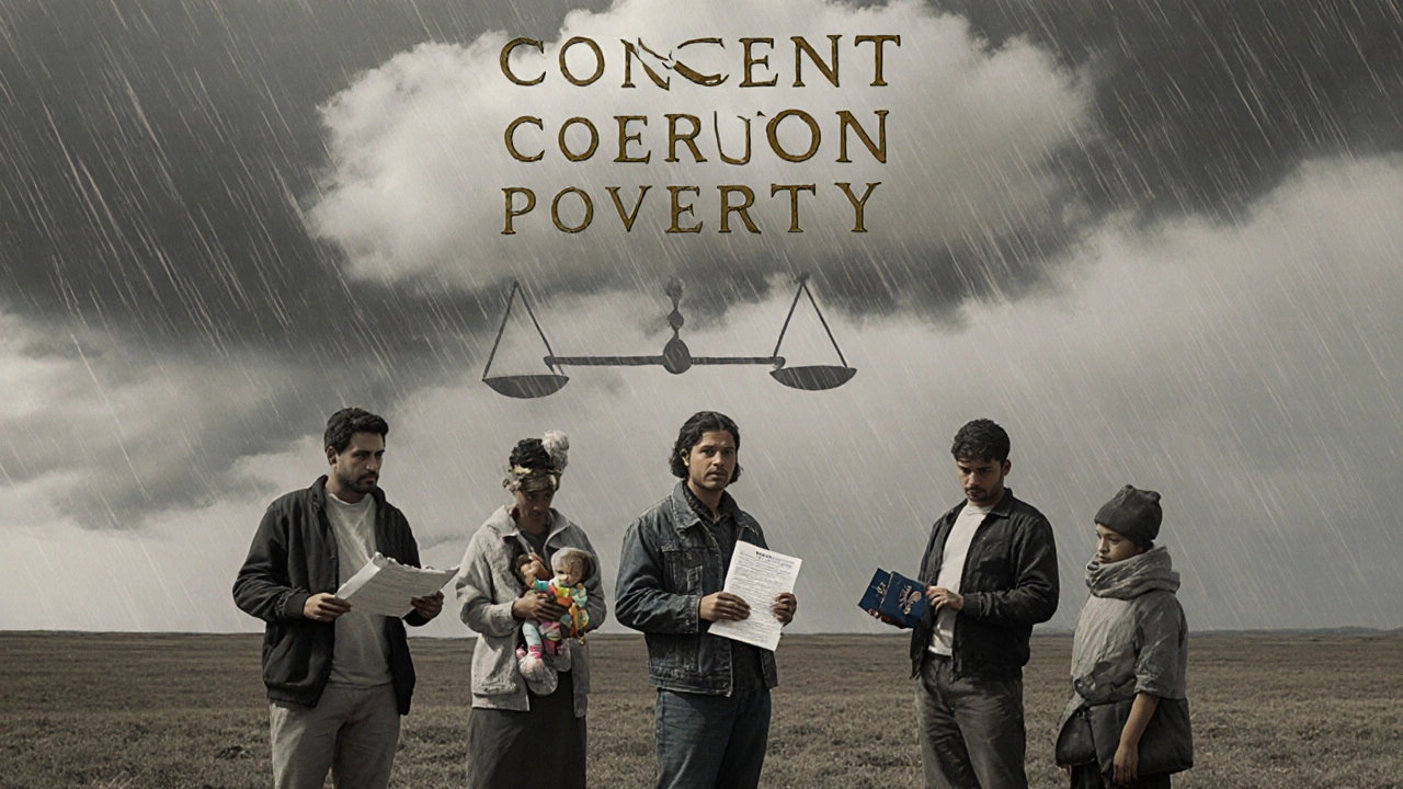 Migrants hold fragments of a broken scale under a stormy sky, symbolizing the illusion of choice.