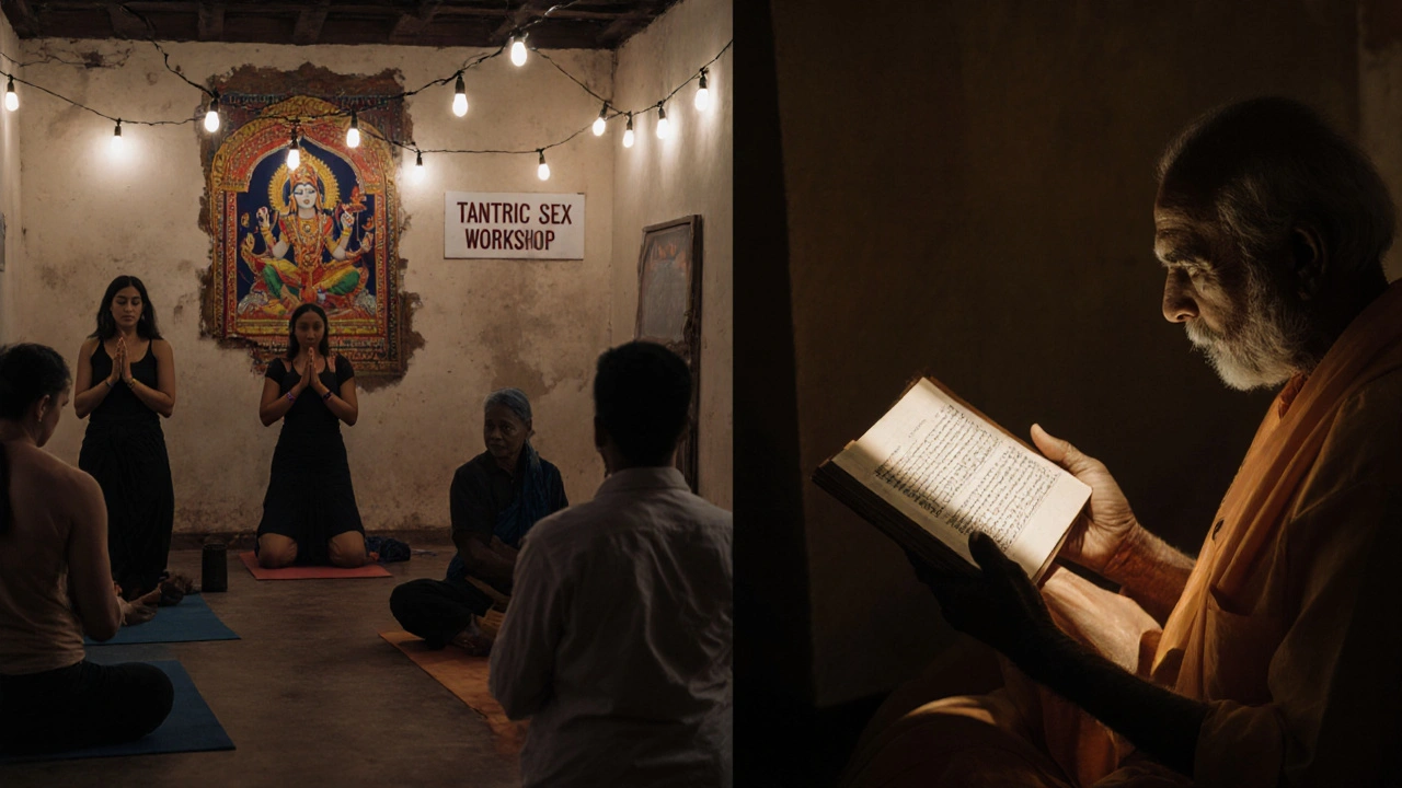 Modern Tantra workshop with commercial signage, contrasted with quiet elderly teacher reading ancient Sanskrit manuscript.