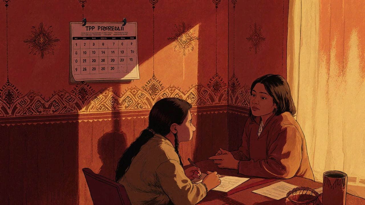 Native American teen receiving confidential reproductive health counseling in a rural clinic.