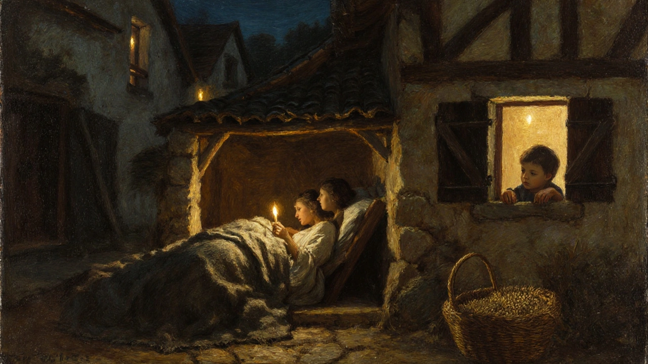 Neighbors listening at a cottage wall during a private wedding night, candlelight faintly visible inside.