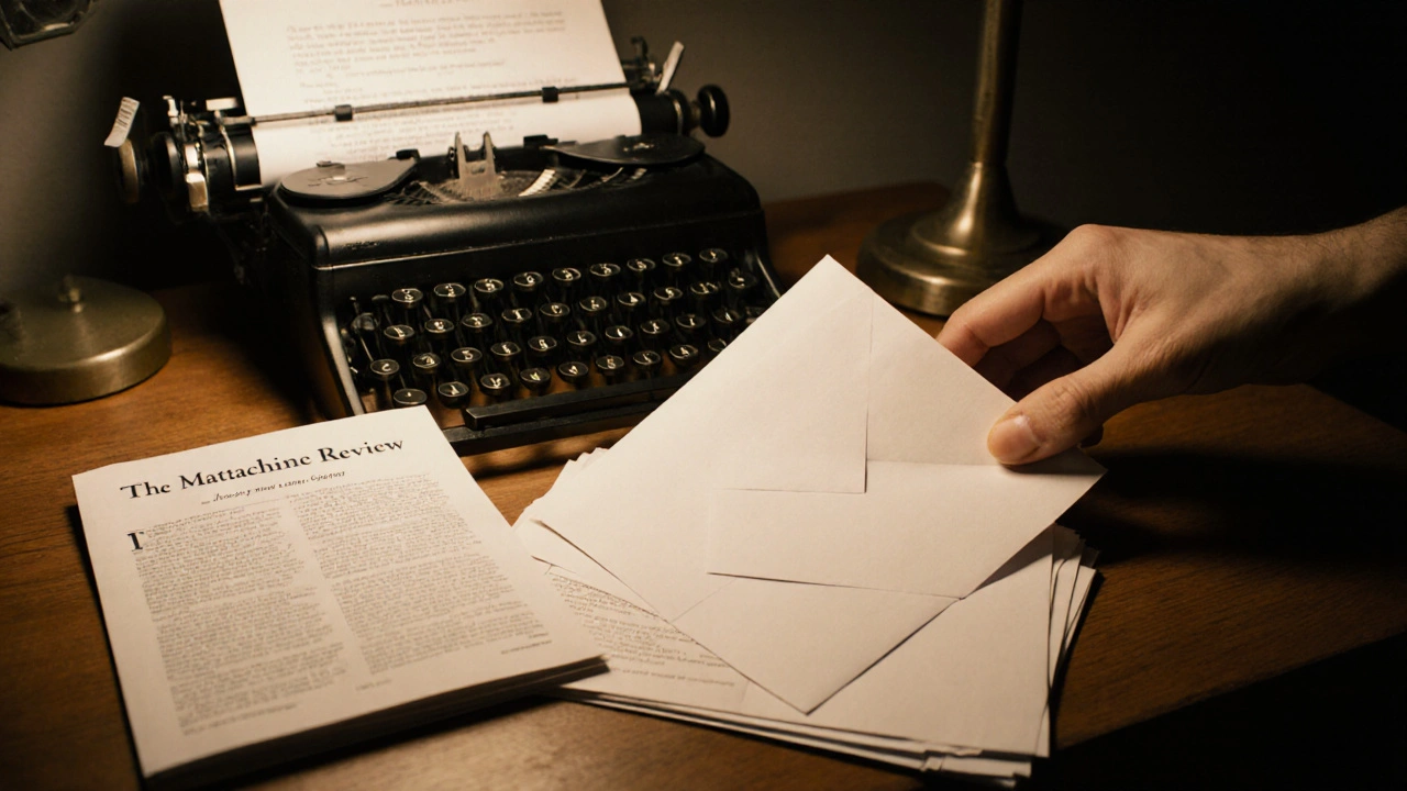 Plain envelopes and a newsletter titled &#039;The Mattachine Review&#039; on a desk, symbolizing quiet activism.