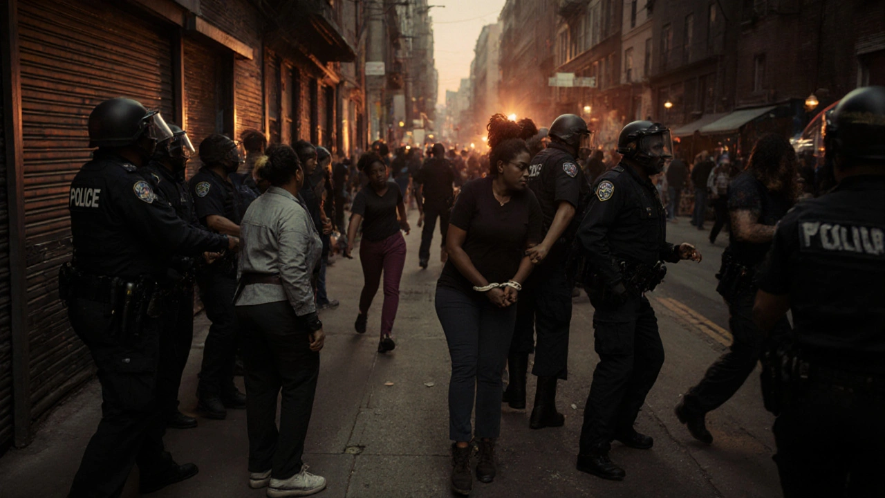 Police arresting sex workers in an alley while a client escapes unnoticed.
