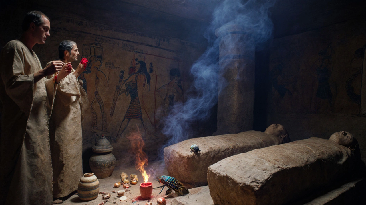 Priests performing a ritual lip anointing in a tomb, with mummies and scarab symbols in the background.