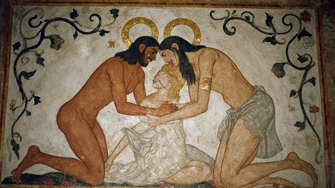 Ritual sexual scene in the Tomb of the Bulls, with precise body positioning and symbolic lion guardian.