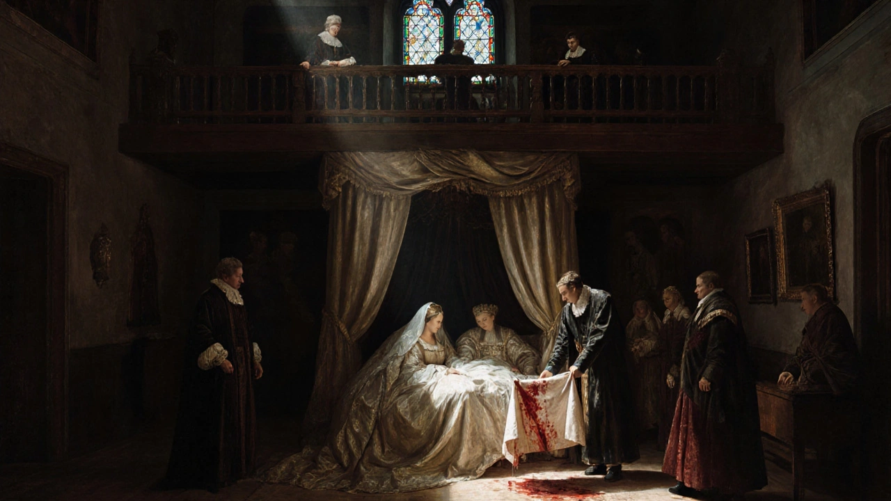 Royal observers on a balcony above a bed, holding up a bloodstained sheet under moonlight.