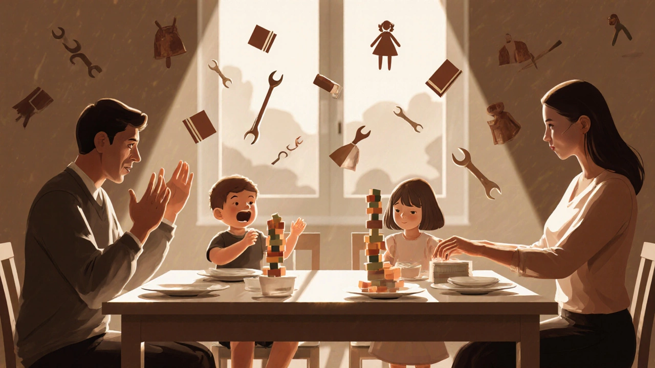 Split-family dinner scene showing gendered praise as boy builds blocks and girl sets plates.