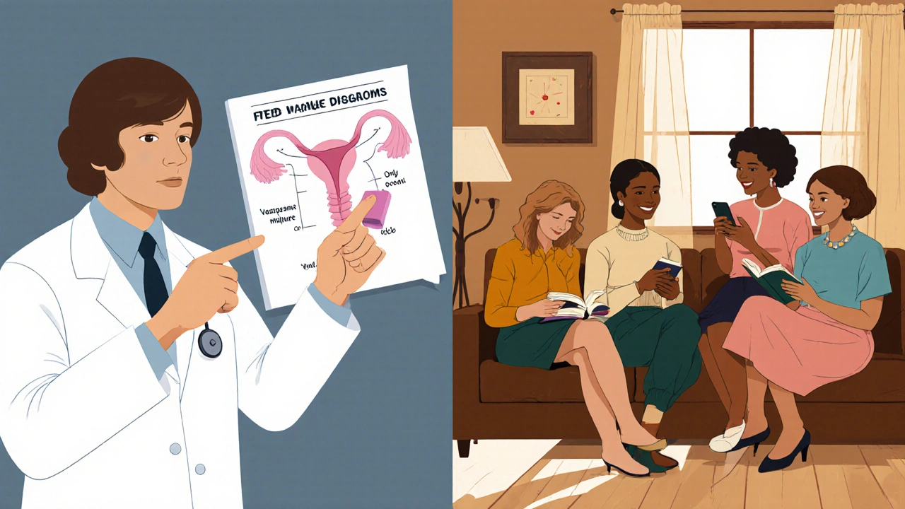 Split image: 1970s doctor with outdated medical diagram vs. diverse women confidently learning about pleasure today.