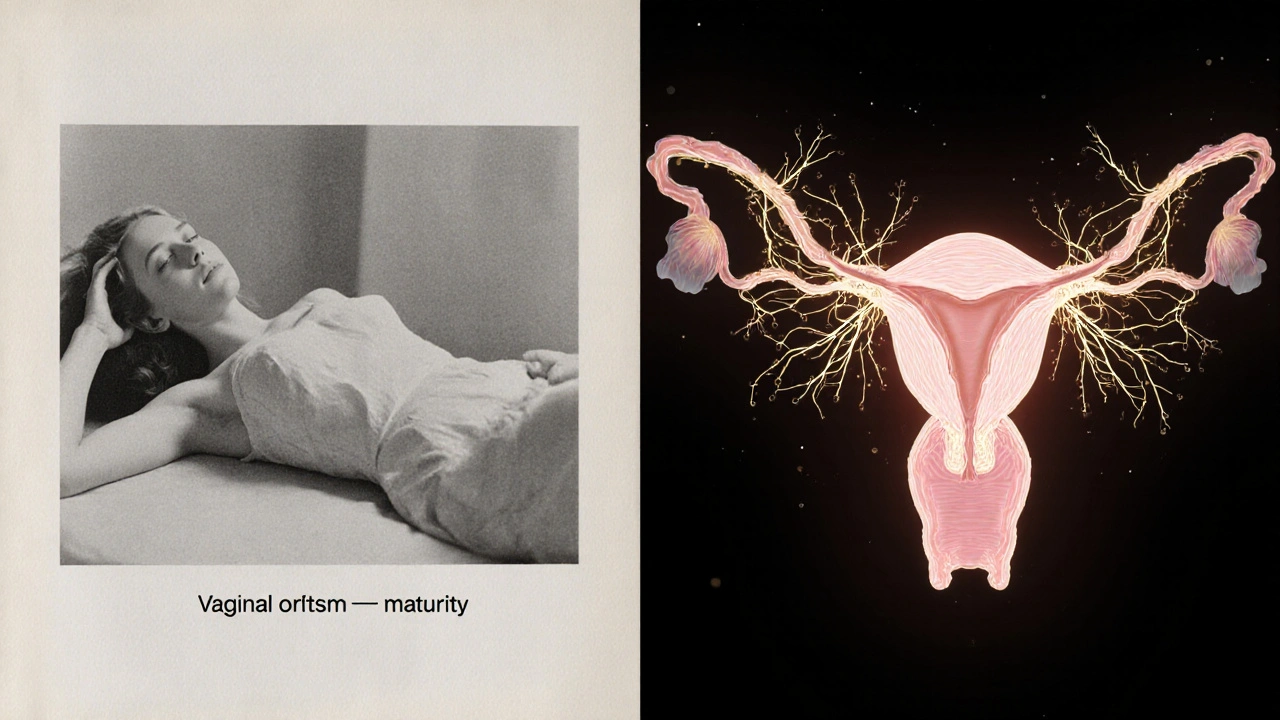 Split image: outdated medical myth vs. modern clitoral anatomy with glowing nerve pathways