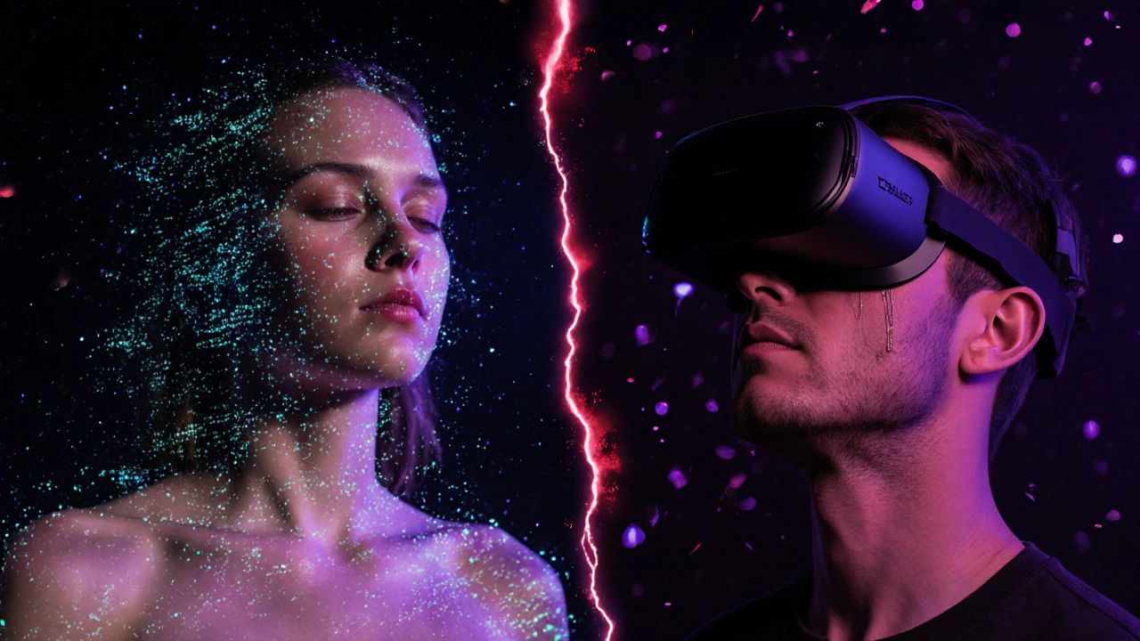 Split-screen of AI-generated porn face swap and a man in VR headset with tears, neon digital effects swirling around.