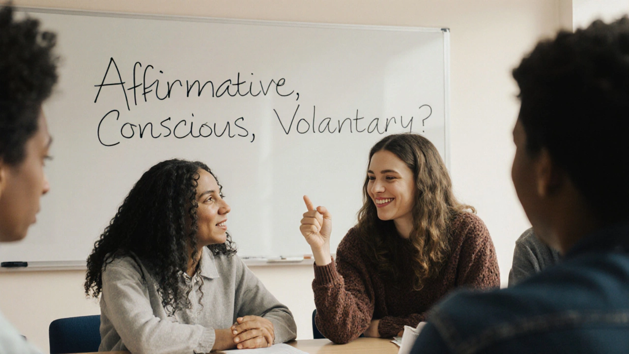 Students in a modern classroom practice consent through open, respectful body language and dialogue.