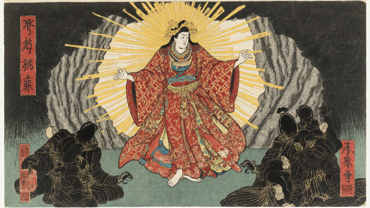 Sun goddess Amaterasu emerging from darkness, radiating golden light in traditional Japanese style.
