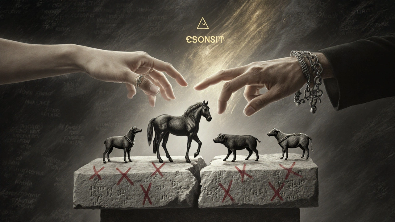 Symbolic hands reaching across fractured tablet with exempted horse and erased names in background.