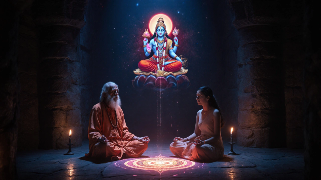 Tantric master and student meditating in dim chamber, abstract Shiva-Shakti union glowing above them, no physical contact.