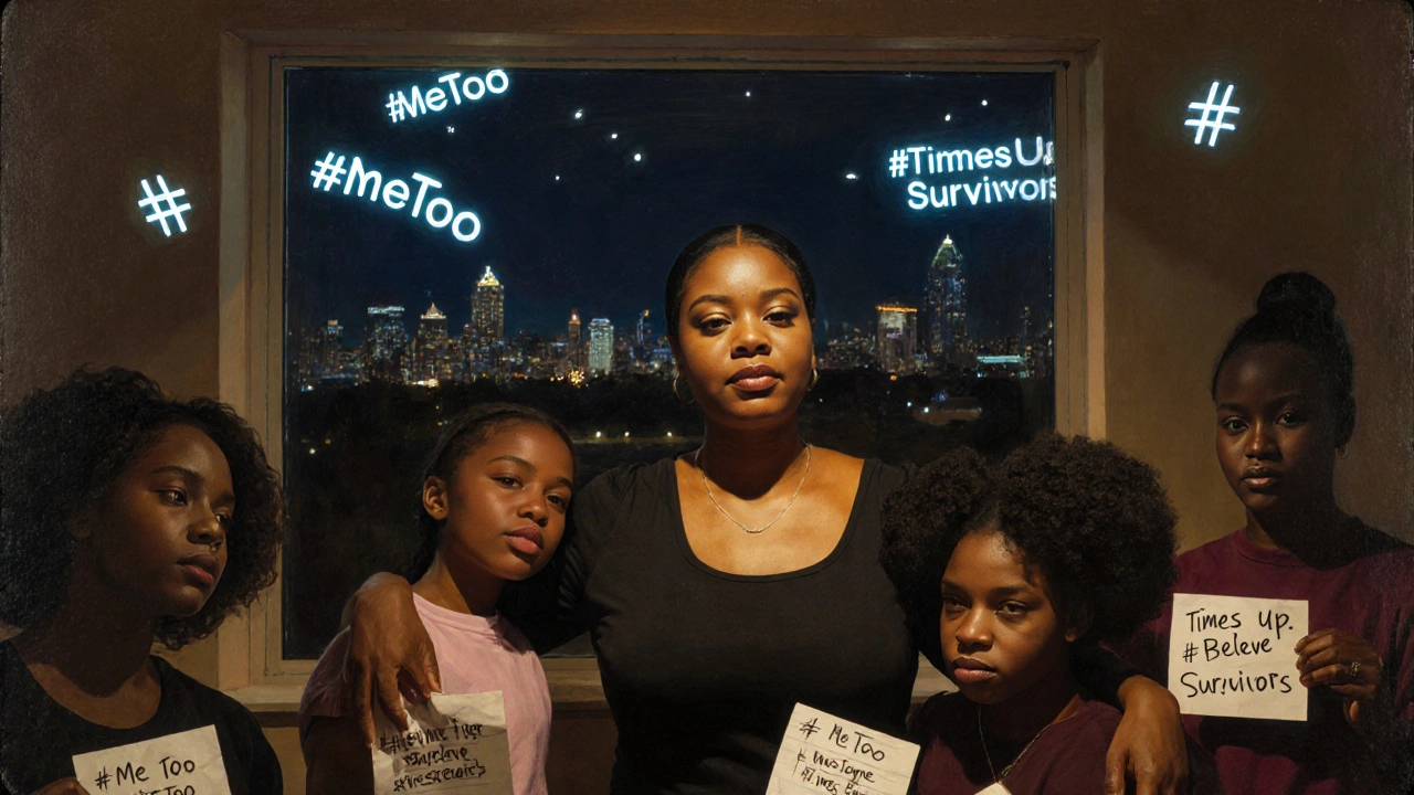 Tarana Burke in a community center, surrounded by young girls, with distant hashtags floating outside.