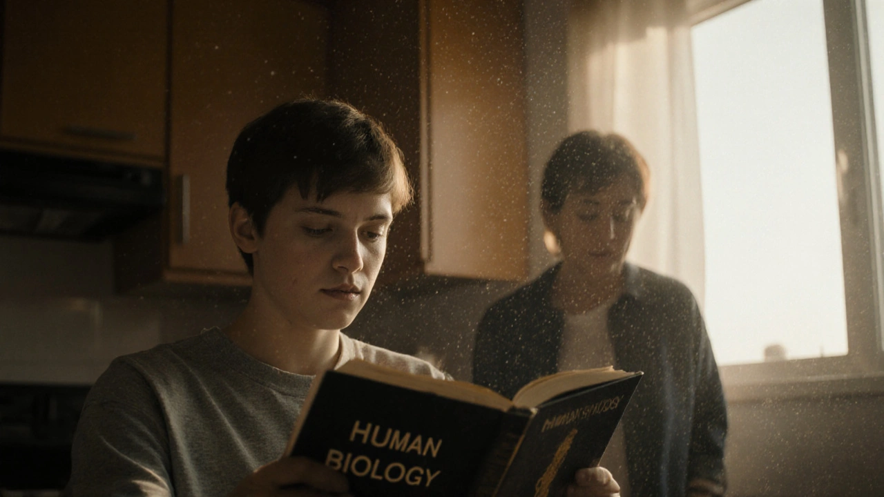 Teenager opening a biology book in a kitchen as parent watches nervously, morning sunlight streaming in