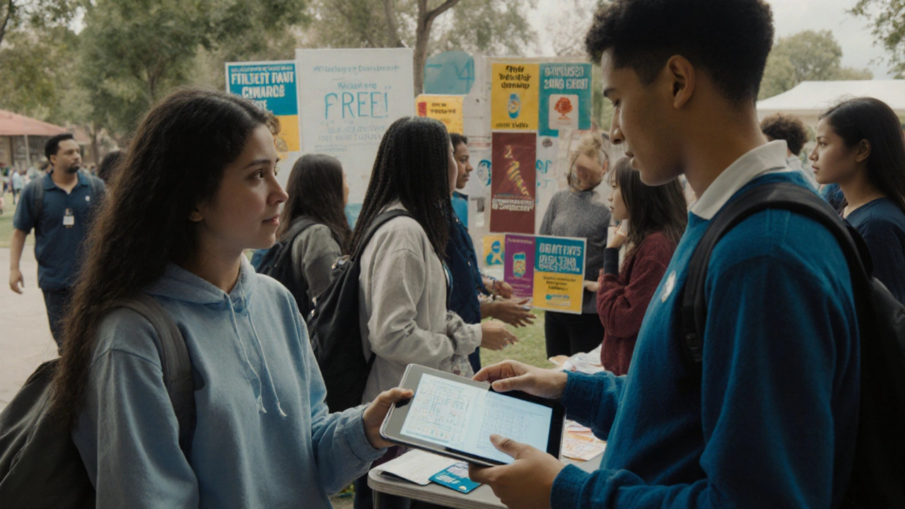 Teens approaching a school health booth staffed by a peer educator and nurse.