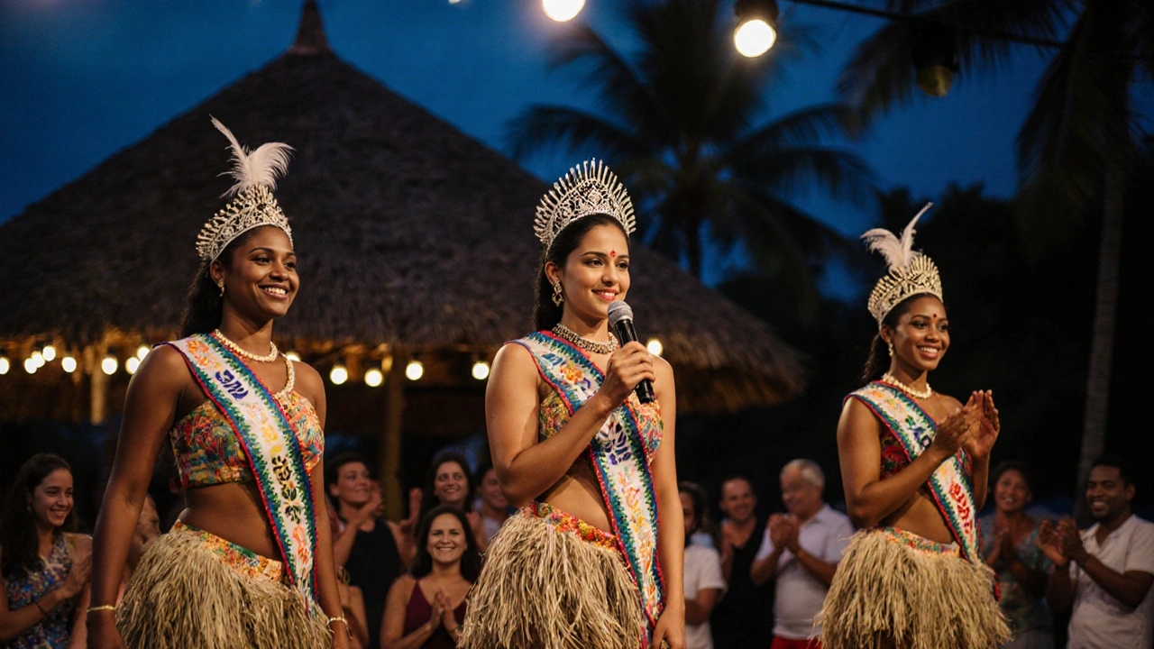 Three fa&#039;afafine contestants in ornate costumes on stage at a cultural beauty pageant.