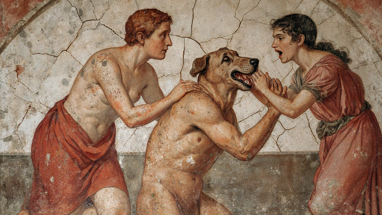 Three figures in a vivid Roman fresco engage in exaggerated sexual acts in a bathhouse, with onlookers reacting with amusement.